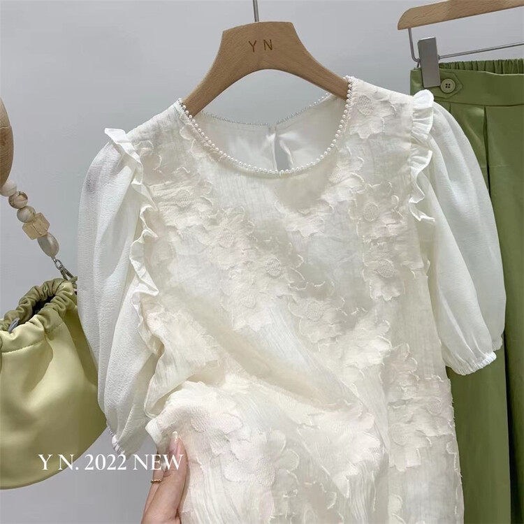 [NIK] Temperament Lady Style Pearl Edge Crewneck Shirt 9596# LWY
