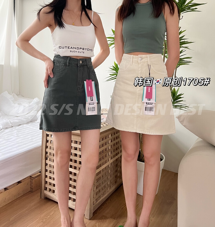 [Korean original] Korean high waist versatile color belt lined denim skirt 1705# L