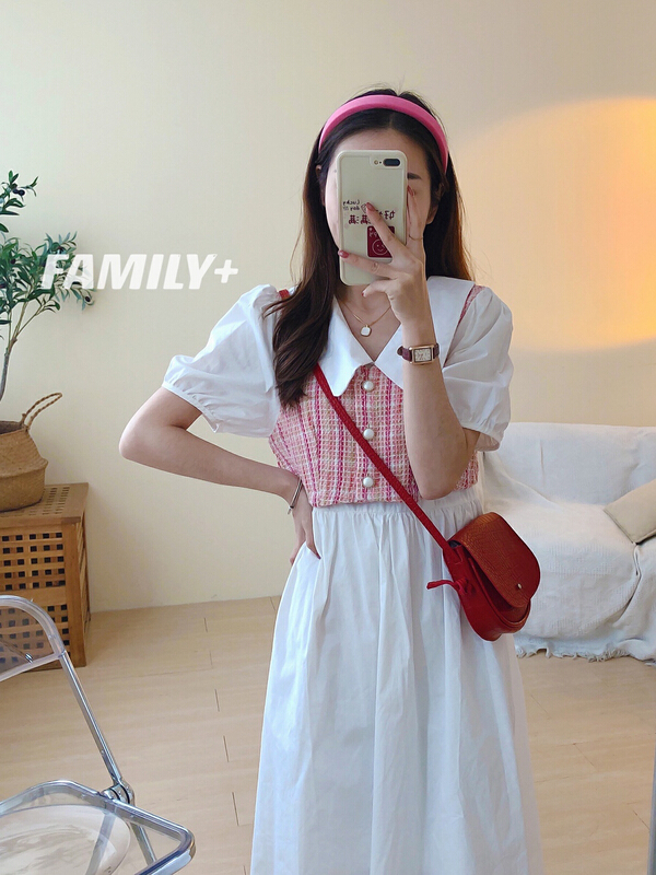 [family +] gentle and delicate pearl buckle small fragrance wind Lapel fake two-piece dress 22361# ozq