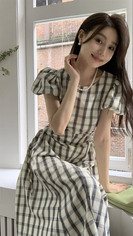 [timely rain] Han Feng ins temperament, celebrity style, vintage lattice, slim, medium length dress 4965# WPL