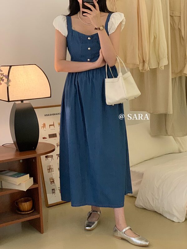 【SARA】韓系甜美小飛袖拼接方領牛仔連衣裙  16996#  LWY