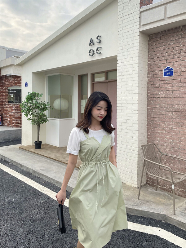 New in early summer! [woo woo shop] Korean fashion color contrast fake two-piece waist closing dress 32872# WPL
