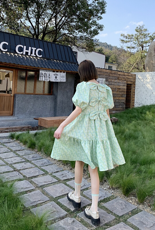 [Lu +] back bow bubble sleeve dress 715# hjy