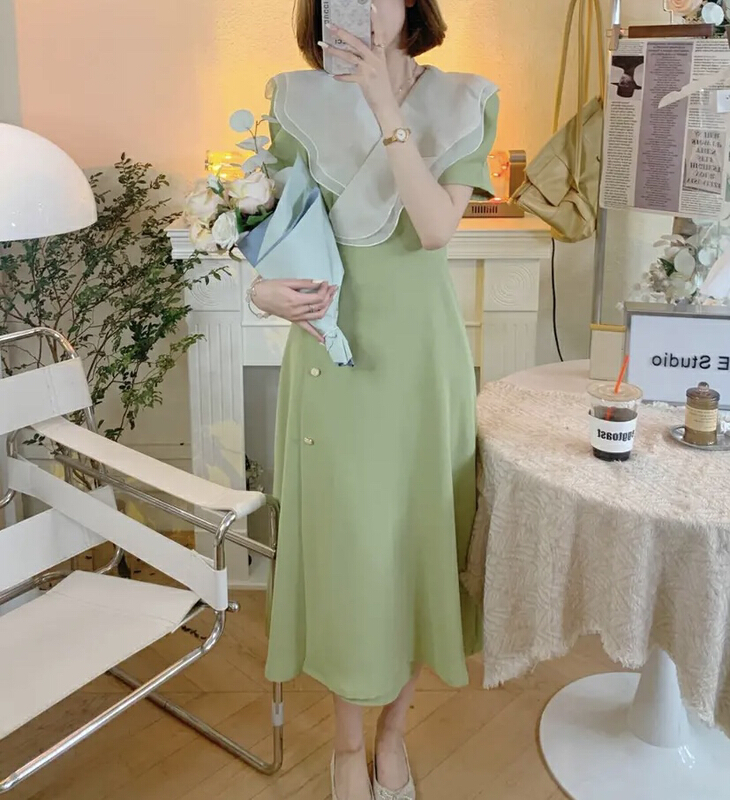 New in early summer! [y.jia Yijia] double layer Chiffon large lapel one piece dress ys1-8912# PCZ