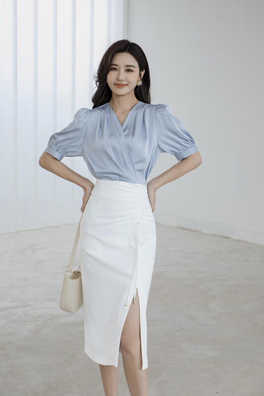 [style] Satin high-grade V-neck simple shirt f8035# JJ