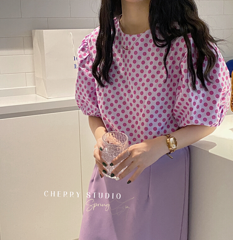 Original price 31.58! New year in early spring! [cherry studio] French wave dot bubble sleeve blouse (only for small blouses) 5022# HBx