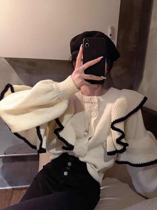 New year in early spring! [savage] Korean version of exotic sweet contrast color Ruffle knit cardigan e5132# YYW