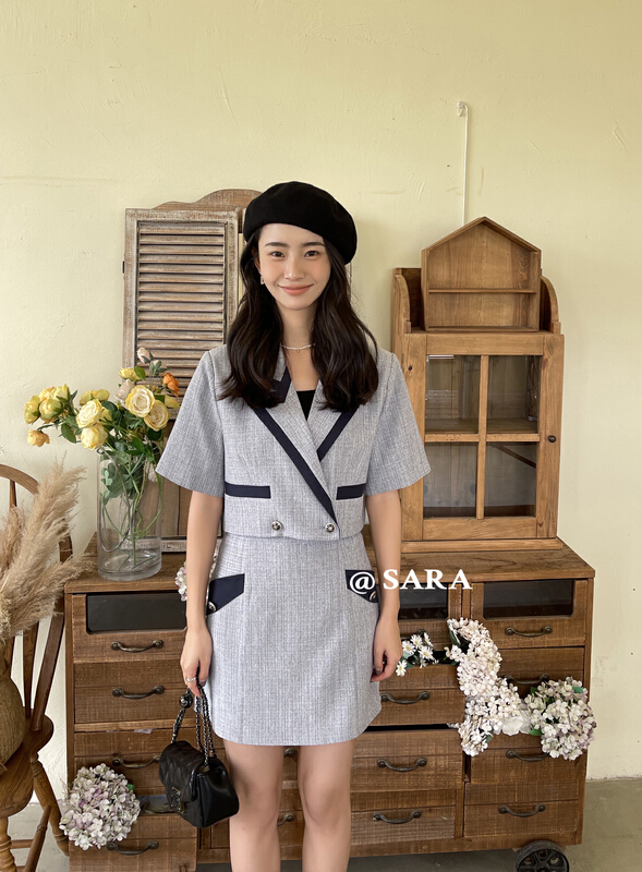 [Sara] retro contrast V-neck short sleeve jacket + high waist skirt suit 88852# lwy