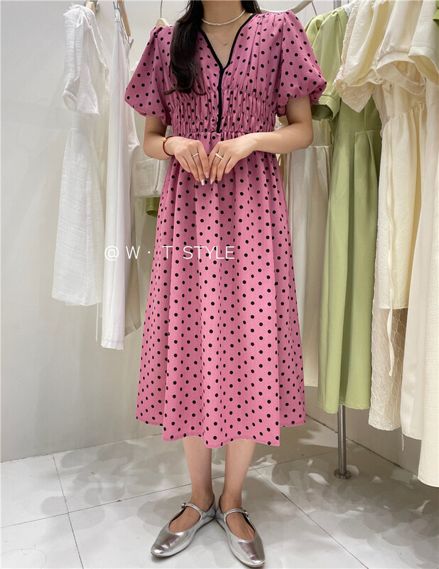 [wt] V-neck color contrast dot dress 9037# HBx