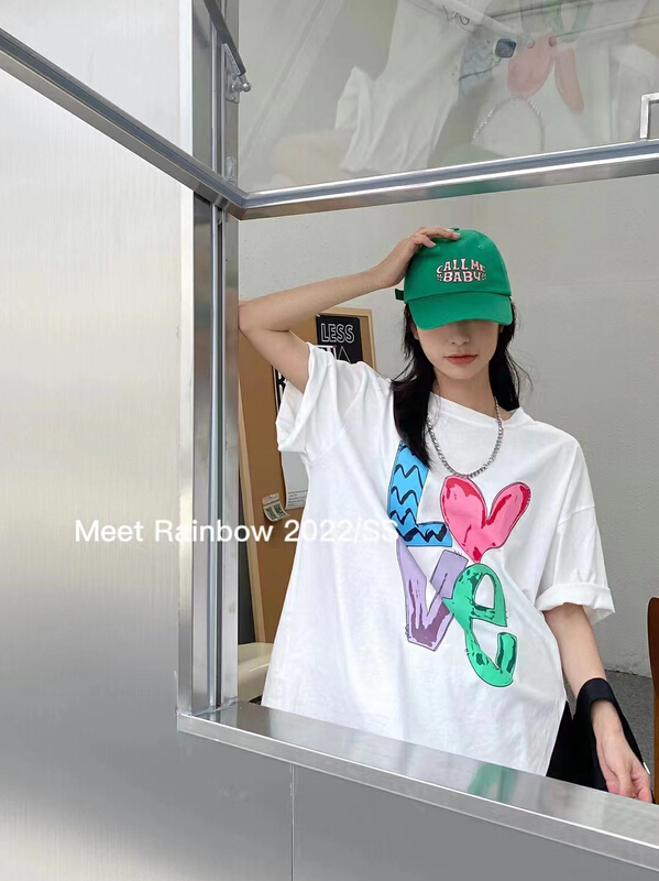 [rainbow] Korean love color contrast letter short sleeve T-shirt 28672# WTT