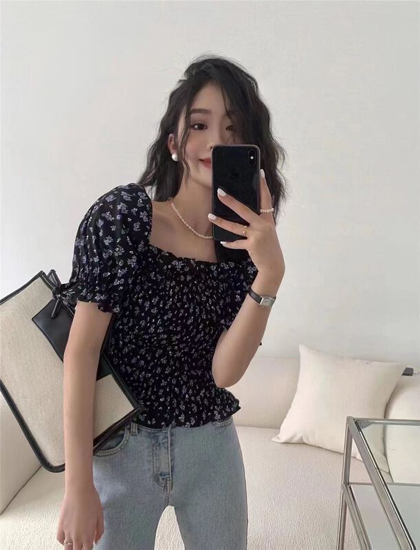 New in early summer! [if shop] broken flower temperament square collar shows thin Korean small shirt 02103# CLS