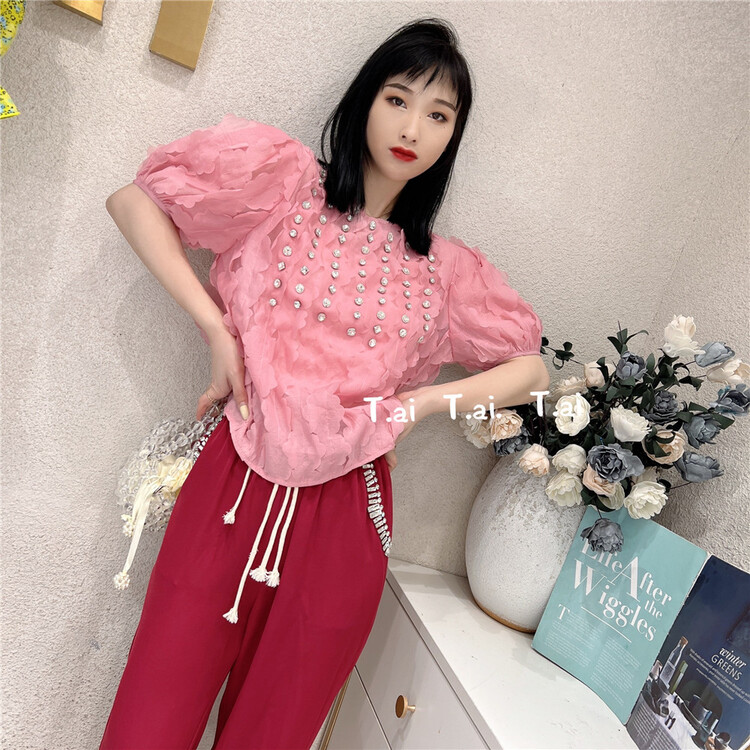 goods in stock! New in early summer! [t.ai] heavy industry diamond inlaid three-dimensional petal bubble sleeve Round Neck Shirt 9820# zxx