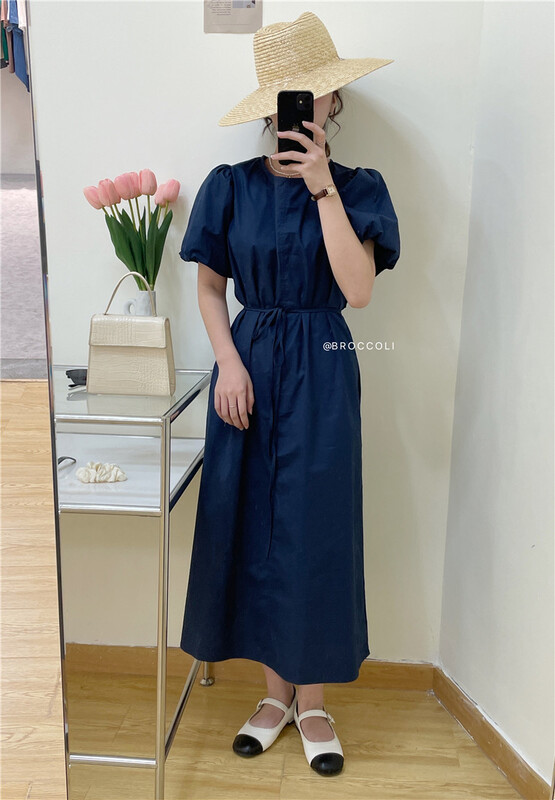 [broccoli] Korean round neck bubble sleeve sweet dress (with belt) 8026# zjy
