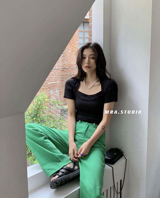 [MRA] slim and slim Korean fake two short sleeved T-shirt l1070# zxl