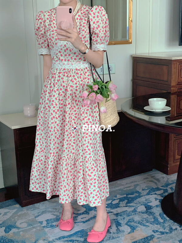 [finoa] fashion temperament broken flower medium length dress 1131# CLS