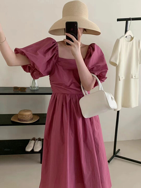 goods in stock! [RS] square neck pleated waistband dress rs1800# XYY