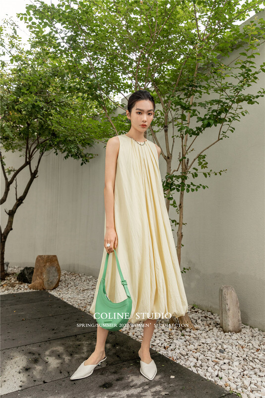 [Coline] round neck pleated lady dress c2136b# hyy