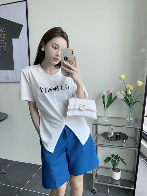 [qixuaner] shoulder pad printed split short sleeve T-shirt 2673# LSW