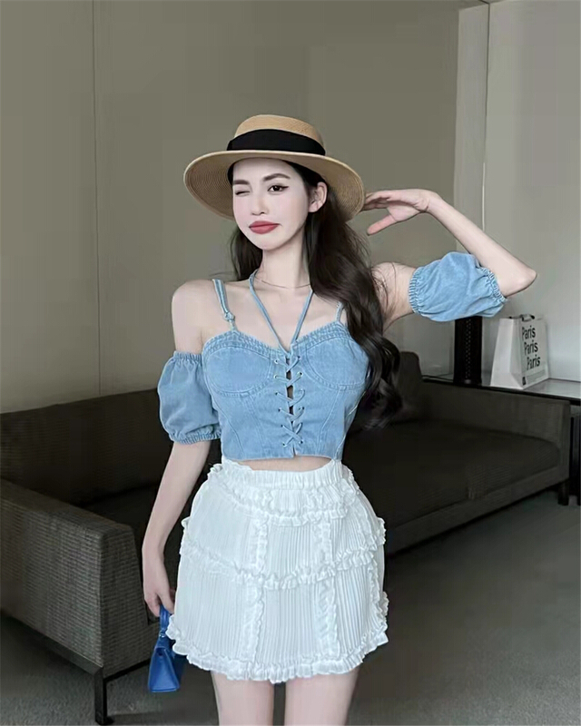 New in early summer! [tangtangjia] Korean style shoulder strap denim shirt + simple elastic waist suit 2918# PCZ