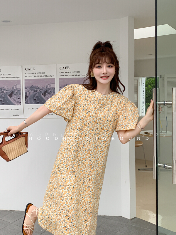 [huohuohuo hoodress] Korean version broken flower age reducing loose dress 22203# ozq