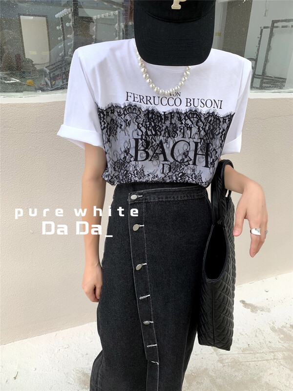 [dada] personalized letter lace splicing short sleeve T-shirt 6661# zxl