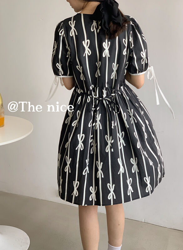 [the nice] Korean bow print short dress a6088# hjy