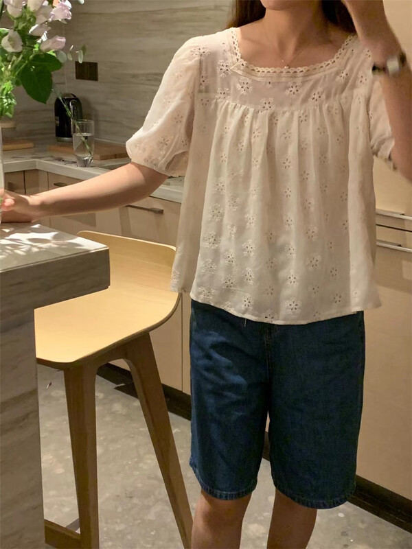 [Sicily] soft square neck cotton embroidered blouse 32107# XJ