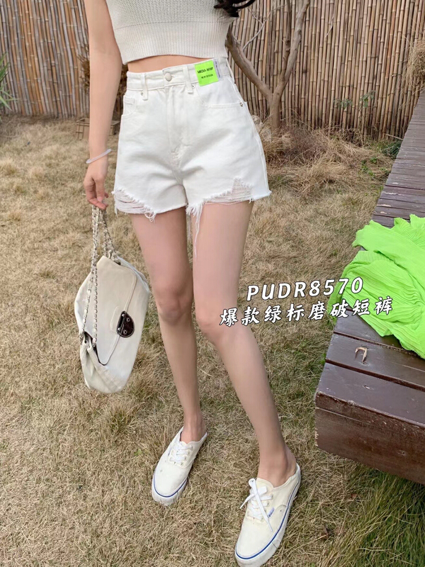 New year in early spring! [pudr] simple raw waist green label denim shorts p8570 blue p8570 white p8570-1 black # XJ