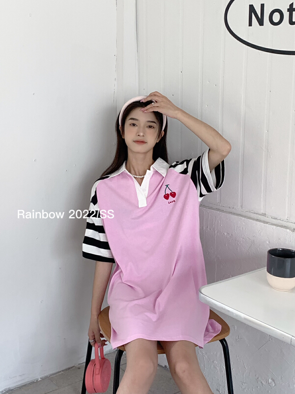 [rainbow] raspberry Sleeve Striped cherry dress 5258# WTT