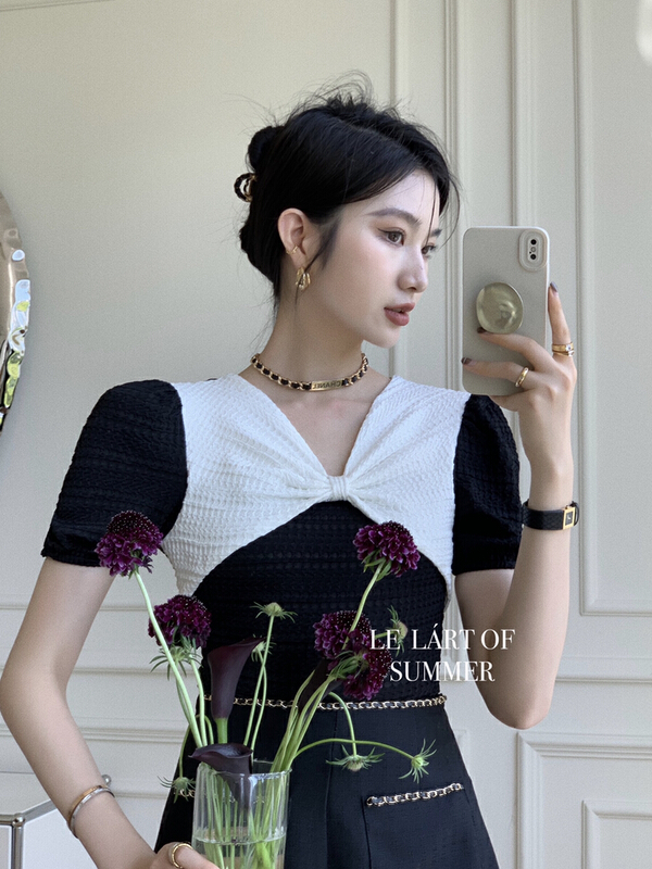 [le lart] original high fashion French Hepburn bow bubble sleeve blouse ll5457# XYJ