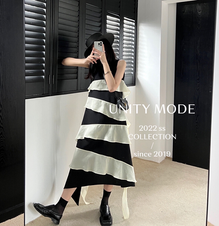 New in early summer! [unit] niche design stitching high-grade mesh vest dress 8998# cqw