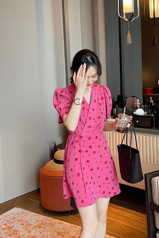 [kakajia] retro chic fashion French floral skirt high waist Slim Fit Sexy V-neck Bubble Sleeve Chiffon Dress 2102# ozq