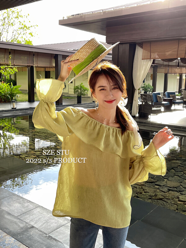 goods in stock! [Sze] Korean version flounced one line collar shirt 60062# zxx