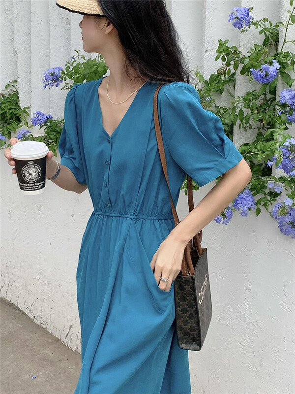 [Chennai] French V-neck drawstring waist dress 221s040# zxx