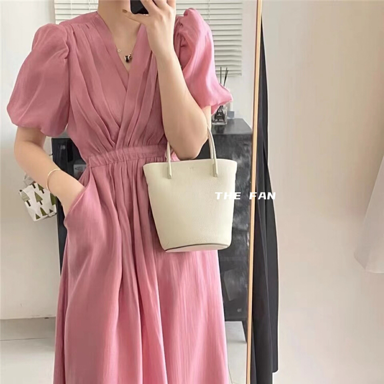[the fan] French V-neck bubble sleeve temperament dress s502251# PCZ