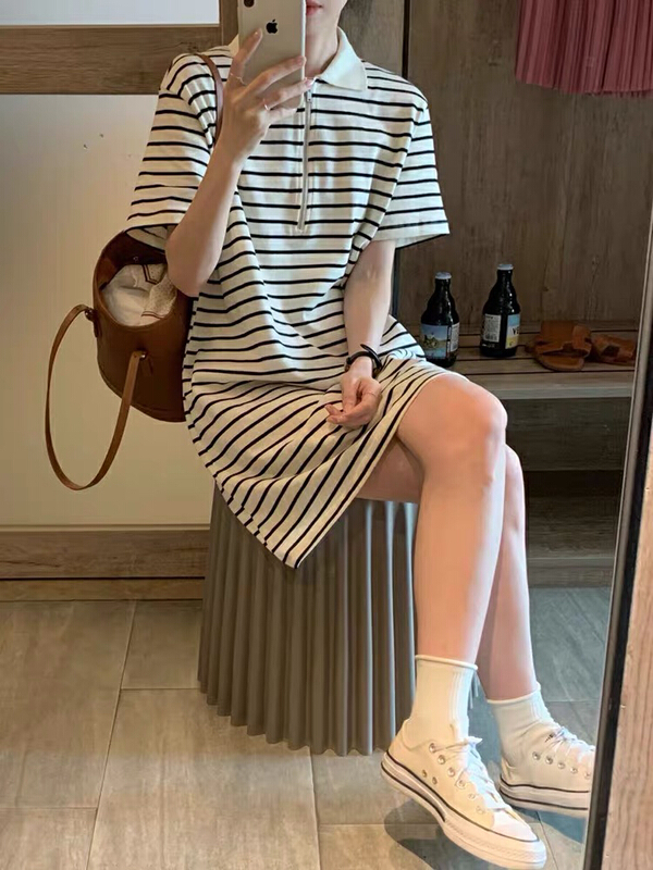 [Simida / doroe] Korean style casual Polo neck stripe thin dress 10883# zxl