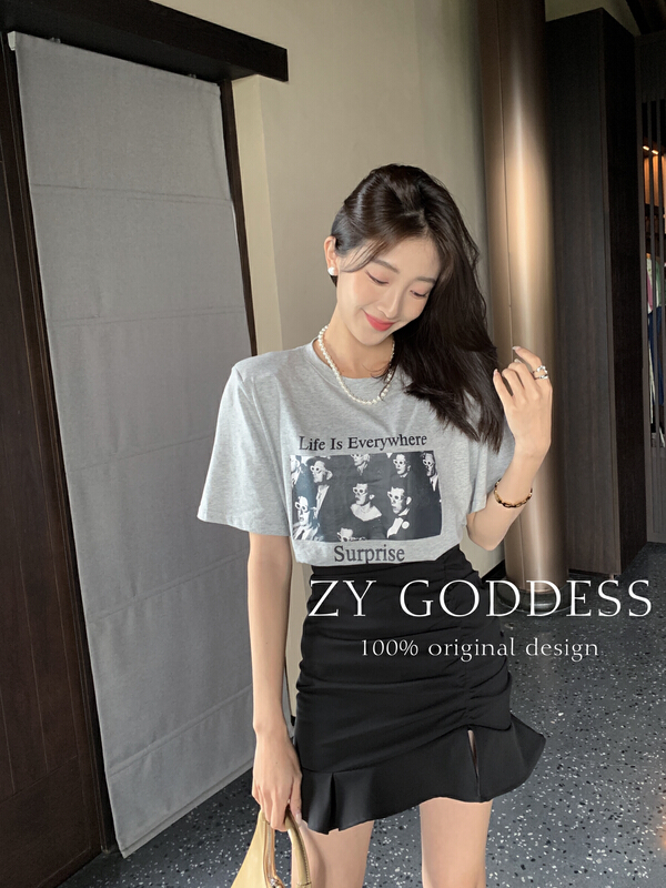 [ZY] crew neck versatile print short sleeve T-shirt 68290# ozq
