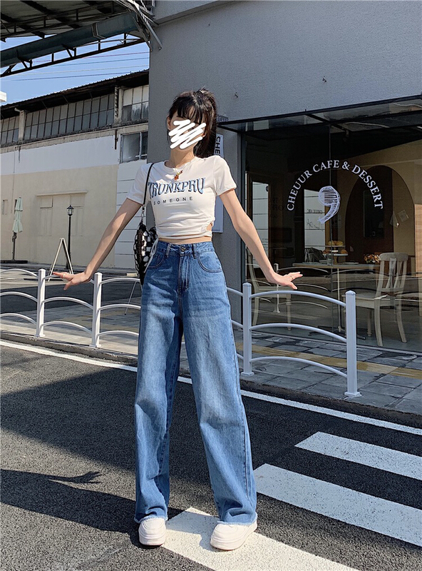 goods in stock! [ten. Ten] Korean version ins personalized printing high waist slim and versatile wide leg jeans x075# WPL