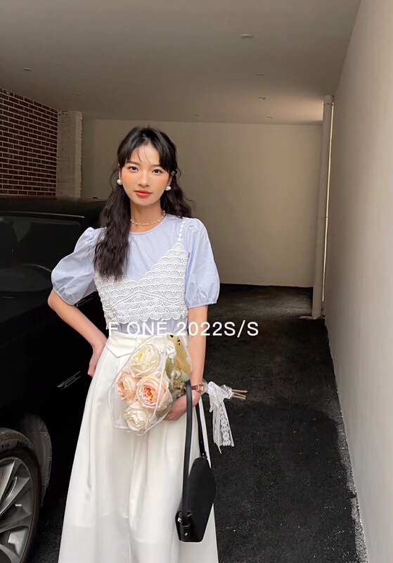 [f one] sweet Round Neck Shirt lace suspender blouse (with LACE VEST) 56208# WPL
