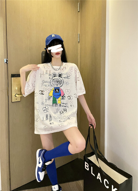 [3 + 2] Korean loose medium and long cartoon nail bead design Short Sleeve T-shirt 3241# WPL