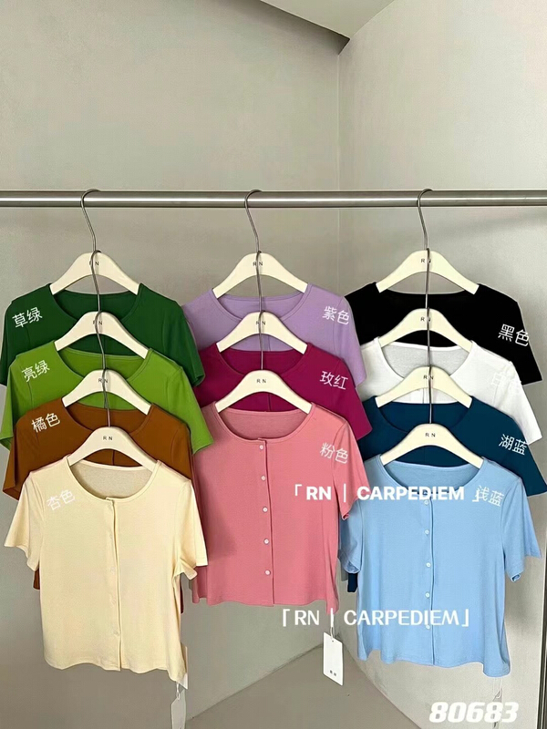 goods in stock! New in early summer! [R n] Korean round neck solid color loose and thin, versatile, niche single breasted short sleeve T-shirt 80683# ll