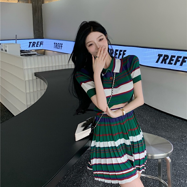 "Pan" navel striped color matching T-shirt pleated slim skirt set 00486# PCZ