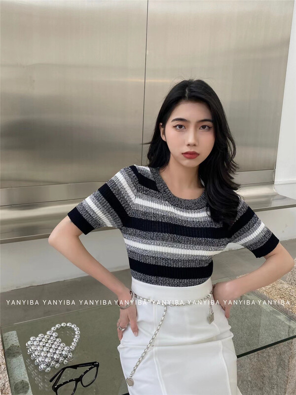 New in early summer! [yanyiba] Korean striped short sleeve sweater 8179# zxx