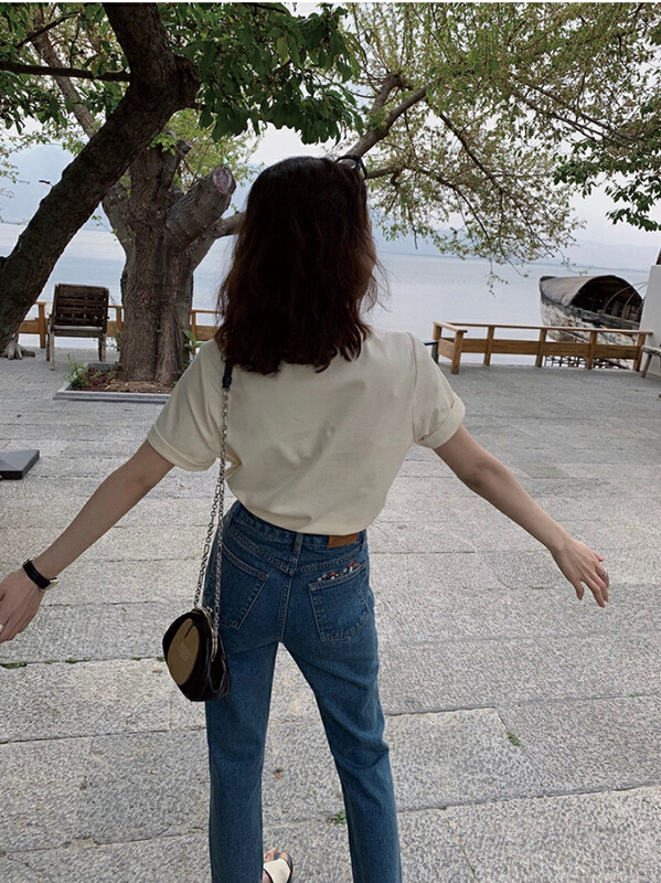 [x · h studio] small mushroom embroidered sweet and spicy straight leg jeans 8990# ozq