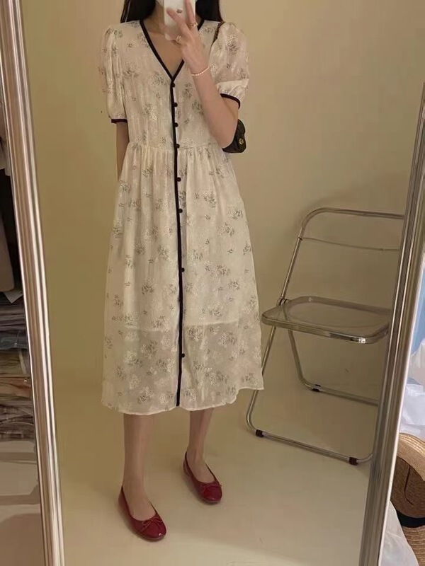 [m.zi studio] V-neck contrast single breasted dress 6981# HBx
