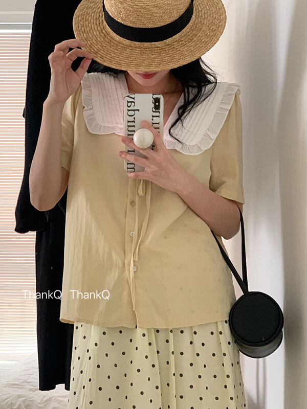 [thankq] contrast color pleated fashion shirt 6863# zjy