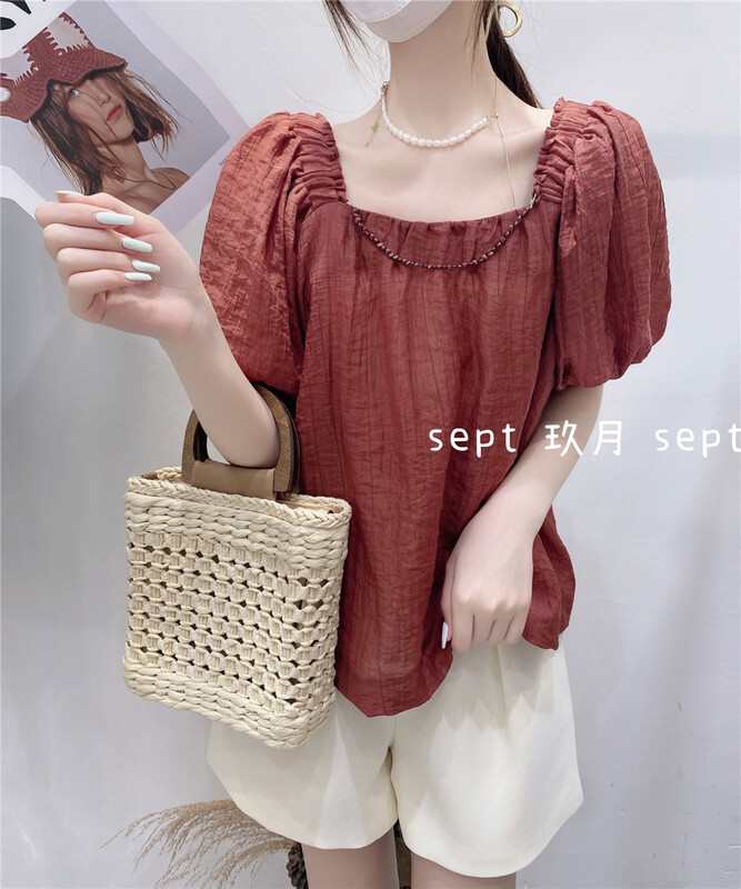 [set] Korean style square neck Style Bubble Sleeve Shirt (detachable with chain) 2023# zxx