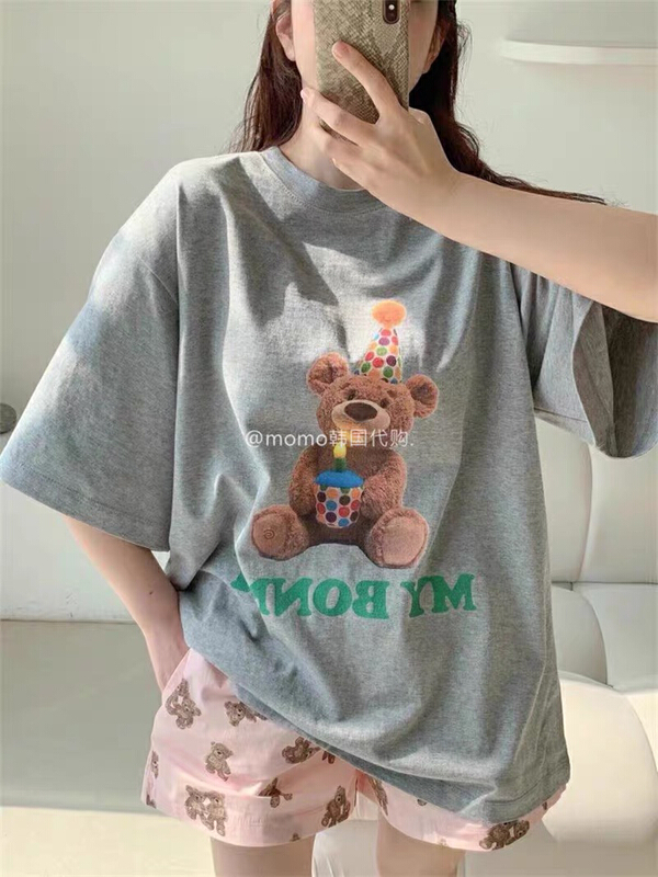 [kakamee] bear round neck loose short sleeve T-shirt s377# LSL