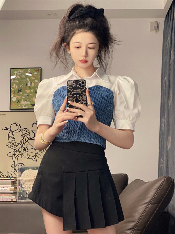 [Doudou family] fake two piece bubble sleeve denim blouse 88286# CLS