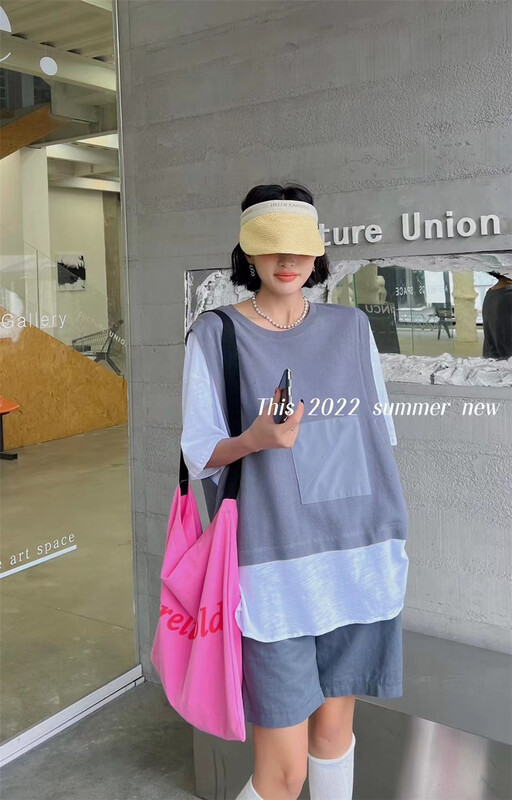 [this] Korean color matching fake two pieces of versatile short sleeve T-shirt r1112# CSX